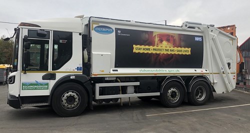 Bin lorry displaying NHS coronavirus message