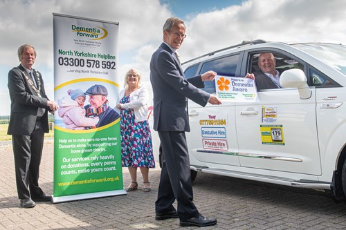 Pictured are Richmondshire District Council Chairman, Councillor Clive World,  District Council Leader, Councillor Angie Dale, Doug Waugh from Dementia Forward, and Tony Marshall of Tony and Gill's Taxis and UK Minibus Executive Private Hire.