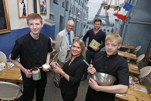 Pictured are: Cllr Ian Threlfall and Tom Park with apprentices (from left to right) Jake Bennett, Sarah Bradley and Connor McClean.